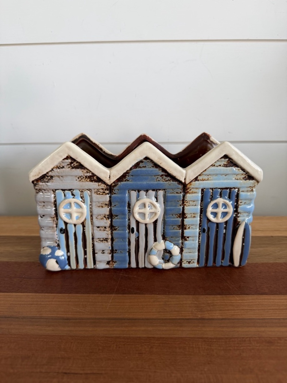 Triple Beach Hut Decorative Planter Ceramic Blue